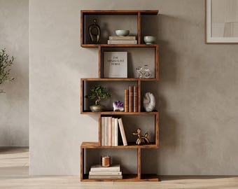 Modern Asymmetrical 5-Tier Bookcase, Wood Display Shelf, Open Book Rack
