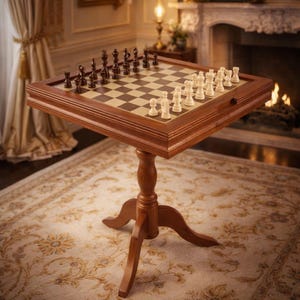 May include: A wooden chess table with a chessboard and chess pieces set up. The table has a dark brown finish and a pedestal base. The chessboard features a light and dark square pattern. The chess pieces are black and white.