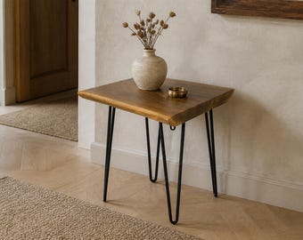 Reclaimed Teak Wood Side Table – Rustic Farmhouse Nightstand with Hairpin Legs