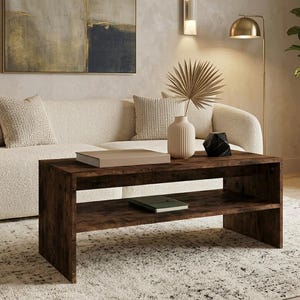 May include: A living room scene featuring a cream-colored sofa with textured pillows, a dark brown wooden coffee table, and a patterned rug. Decorative items include a vase with a dried palm leaf, a black geometric sculpture, and a potted plant.
