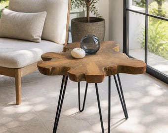 Natural Teak Root Slab Coffee Table, Live Edge Rustic Boho Nightstand Metal Legs