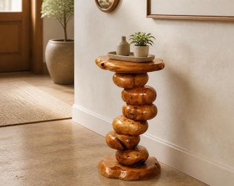 Solid Cedar Root Side Table, Stacked Pebble Plant Stand, Live Edge Pedestal