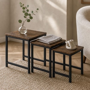 Rustic Nesting Tables Set, Industrial Metal Frame Side Tables, Space-Saving Living Room Furniture