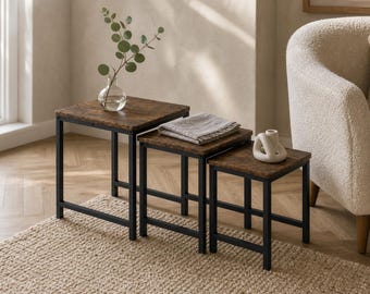 Rustic Nesting Tables Set, Industrial Metal Frame Side Tables, Space-Saving Living Room Furniture