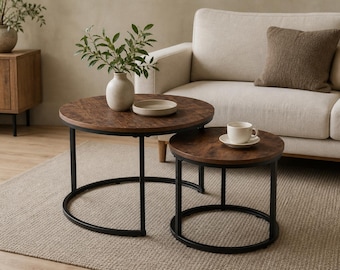 Rustic Round Nesting Coffee Tables, Vintage Brown Wood Metal Frame, Space-Saving Furniture