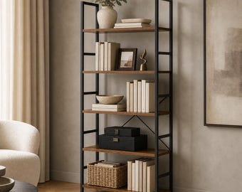 5-Tier Bookshelf, Rustic Wood Metal Bookcase, Modern Minimalist Storage Rack