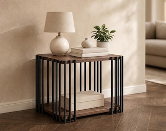 Solid Rubber Wood Side Table, Industrial Metal Frame Nightstand, 2-Tier End Table