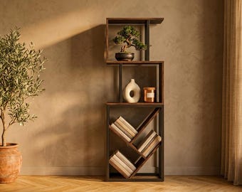 Modular Geometric 6-Tier Bookshelf, Rustic Wood Etagere, Asymmetrical Display Shelf