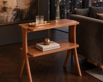 Narrow Walnut 2-Tier Side Table, Mid Century Modern End Table