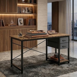 May include: A rustic-style desk with a brown tabletop and black metal frame. The desk features two gray fabric drawers and a lower shelf. Books, a magnifying glass, and a pen case rest on the desk. The desk is set on a gray rug.