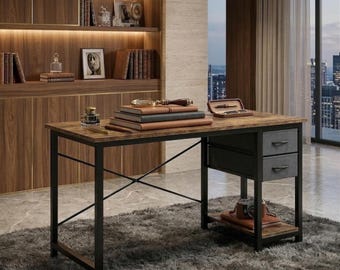 Rustic Industrial Computer Desk, 47-Inch Wood Metal Home Office Workspace, 2 Drawers