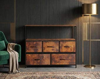 Rustic Brown 5-Drawer Dresser TV Stand Entertainment Center Storage Cabinet