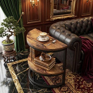 Rustic Half Moon Side Table, 2-Tier C-Table with Storage, Slim Wood Accent Couch Table