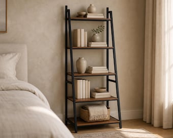5 Tier Ladder Shelf, Rustic Wood Metal Leaning Bookshelf, Tall Open Display Bookcase