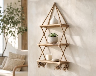 3 Tier Hanging Rope Shelf, Natural Pine Wood Boho Wall Decor