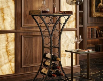 15 Bottle Wine Rack, Modern Curved Metal Wood Stand with Shelf