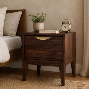 Mesita de noche moderna de mediados de siglo en nogal, mesa auxiliar retro con cajones, muebles pequeños de madera para dormitorio. 1 Stand