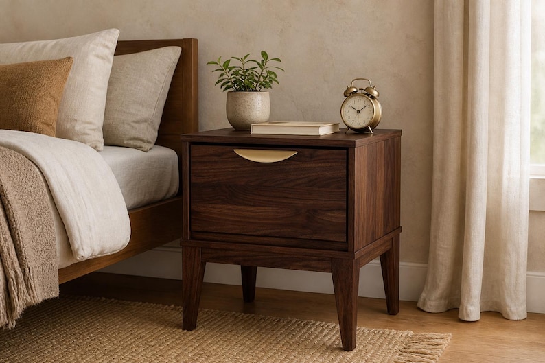 Mesita de noche moderna de mediados de siglo en nogal, mesa auxiliar retro con cajones, muebles pequeños de madera para dormitorio. 1 Stand