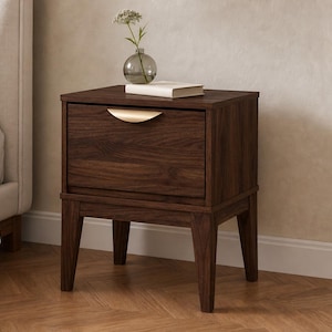 Mesita de noche moderna de mediados de siglo en nogal, mesa auxiliar retro con cajones, muebles pequeños de madera para dormitorio. imagen 8