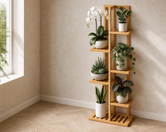 6-Tier Bamboo Plant Stand, Natural Wood Corner Shelf, Indoor Outdoor Display Rack