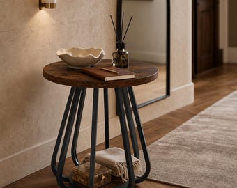 Rustic Round Side Table, Curved Metal Frame, 2-Tier Industrial Nightstand