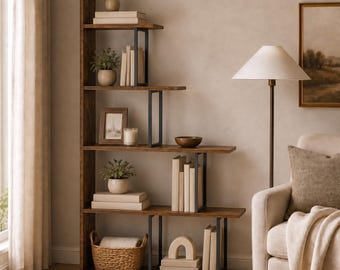 5-Tier Stepped Bookshelf Rustic Wood Ladder Corner Bookcase Farmhouse Display Shelf & Plant Stand