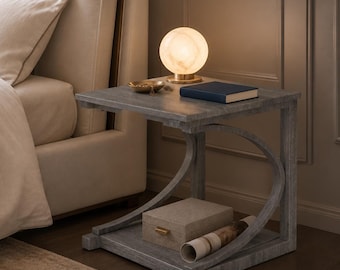 Gray C-Shaped End Table: Rustic Rubber Wood Sofa Side Storage Nightstand
