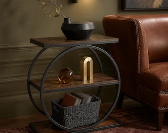 Rustic 3-Tier End Table, Round Metal Frame Side Table, Small Spaces Nightstand