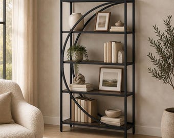 65" Industrial 5-Tier Bookshelf Rustic Half-Moon Wood & Metal Display Bookcase