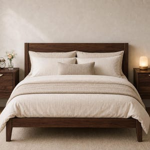 Puede incluir: Una estructura de cama de madera oscura con un cabecero alto, acompa&ntilde;ada de dos mesitas de noche de madera oscura a juego con tiradores dorados curvos. La cama est&aacute; vestida con ropa de cama de color beige claro, incluyendo dos almohadas grandes.