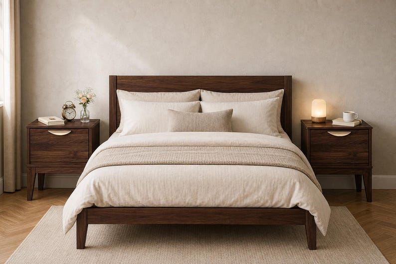 Puede incluir: Una estructura de cama de madera oscura con un cabecero alto, acompa&ntilde;ada de dos mesitas de noche de madera oscura a juego con tiradores dorados curvos. La cama est&aacute; vestida con ropa de cama de color beige claro, incluyendo dos almohadas grandes.