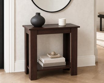 Dark Walnut Narrow End Table with Storage Shelf, Rustic Wood Sofa Side Table