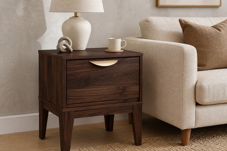 Mesita de noche moderna de mediados de siglo en nogal, mesa auxiliar retro con cajones, muebles pequeños de madera para dormitorio. imagen 3