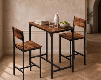 Rustic 3-Piece Bar Table Set with Stools, Farmhouse Kitchen Nook Furniture