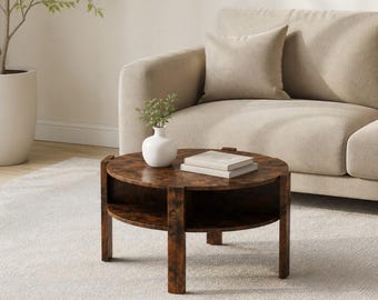 Rustic 29.5" Round Coffee Table 2-Tier Industrial Center Table w/ Storage Wood