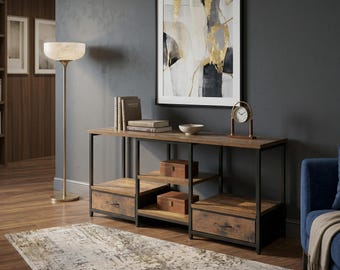 Rustic Industrial TV Stand with Charging Station, Media Console with Fabric Drawers