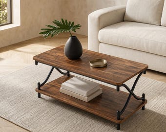 Rustic 2-Tier Coffee Table, Industrial Wood Center Table, Farmhouse Metal Legs