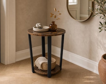 Rustic Round End Table, 2-Tier Wood Metal Farmhouse Sofa Nightstand Storage Shelf