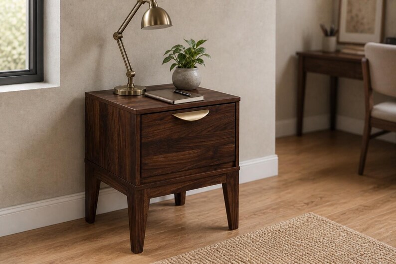Puede incluir: Una mesita de noche de madera de color marr&oacute;n oscuro con un caj&oacute;n y un tirador curvo de tono dorado. La mesita se apoya sobre cuatro patas c&oacute;nicas y sostiene una l&aacute;mpara de escritorio color lat&oacute;n, una peque&ntilde;a planta verde y un cuaderno cerrado.