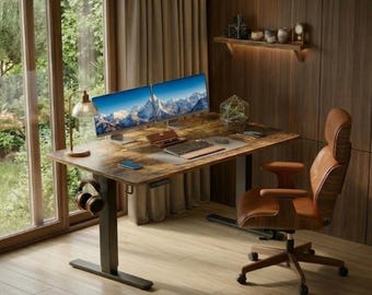 Rustic Electric Standing Desk, Height Adjustable Computer Desk, Dual Monitor Table