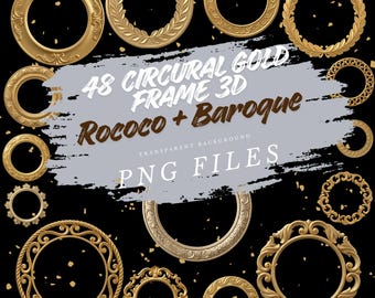 Könnte beinhalten: Eine Sammlung von 48 goldenen, kreisförmigen 3D-Rahmen im Rokoko- und Barockstil. Die Rahmen weisen aufwendige Designs auf und sind vor einem schwarzen Hintergrund mit goldenen Konfetti platziert. Der Text auf dem Bild lautet "48 CIRCULAR GOLD FRAME 3D Rococo + Baroque PNG FILES".