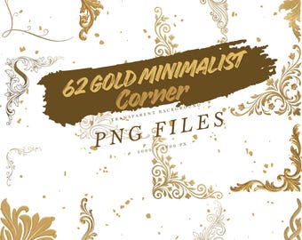 May include: A selection of 62 gold minimalist corner designs in PNG format. The designs showcase intricate floral and scrollwork patterns. The text "62 GOLD MINIMALIST Corner PNG FILES" is displayed on a brown banner.