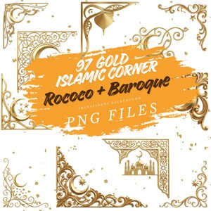 May include: A selection of 97 gold Islamic corner designs in Rococo and Baroque styles. The designs feature intricate patterns, crescent moons, stars, and mosque illustrations, all in PNG file format.