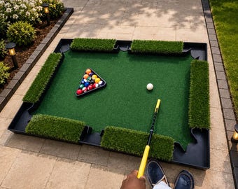 Juego portátil de minigolf y billar, ideal para divertirse en fiestas.