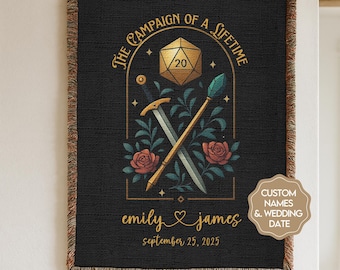 Personalized DnD Wedding Blanket, Custom D20 Dungeons and Dragons Anniversary Blanket, Fantasy Wedding Gift, Gift for Gamer Couple
