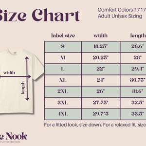 May include: A size chart for a Comfort Colors 1717 t-shirt on a light background. The chart lists sizes S through 4XL with corresponding width and length measurements in inches. A diagram of a t-shirt shows where width and length are measured.
