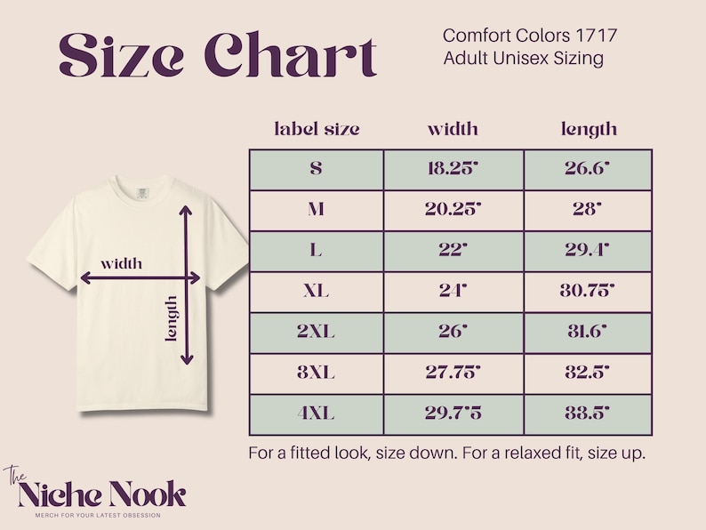May include: A size chart for a Comfort Colors 1717 t-shirt on a light background. The chart lists sizes S through 4XL with corresponding width and length measurements in inches. A diagram of a t-shirt shows where width and length are measured.