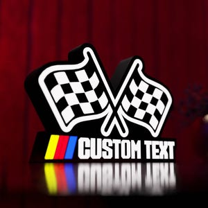 Drapeau à damier personnalisé décoration de la maison panneau LED pour chambre à coucher décoration de chambre personnalisée sur le thème des voitures de course pour garçons hommes moto voiture de course papa cadeau