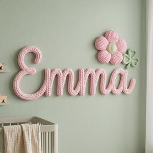 Knitted Name Sign Personalized, Crochet Sign, Custom Floral Baby, Newborn Nursery Name Plate, Made with Plastic