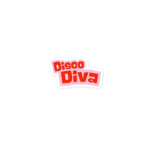 May include: A sticker with the words "Disco Diva" in red, outlined in white, on a pink background. The sticker has a white border and is set against a white background.